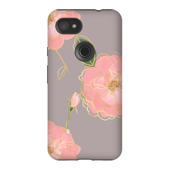 Pixel 3AXL StrongFit Elegant Pink & Gold Watercolor Roses Gray Design by InovArts