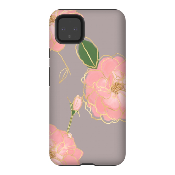 Pixel 4XL StrongFit Elegant Pink & Gold Watercolor Roses Gray Design by InovArts