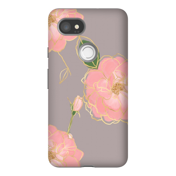 Pixel 2XL StrongFit Elegant Pink & Gold Watercolor Roses Gray Design by InovArts
