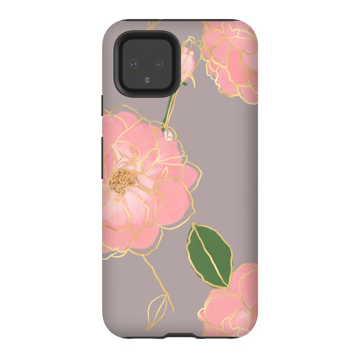 Pixel 4 StrongFit Elegant Pink & Gold Watercolor Roses Gray Design by InovArts