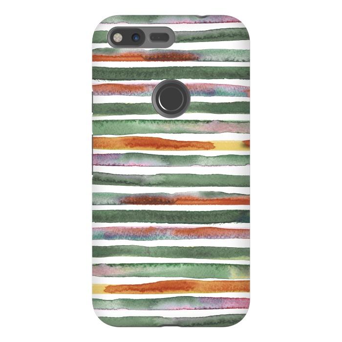 Pixel XL StrongFit Watercolor Stripes and Lines Green Orange by Ninola Design