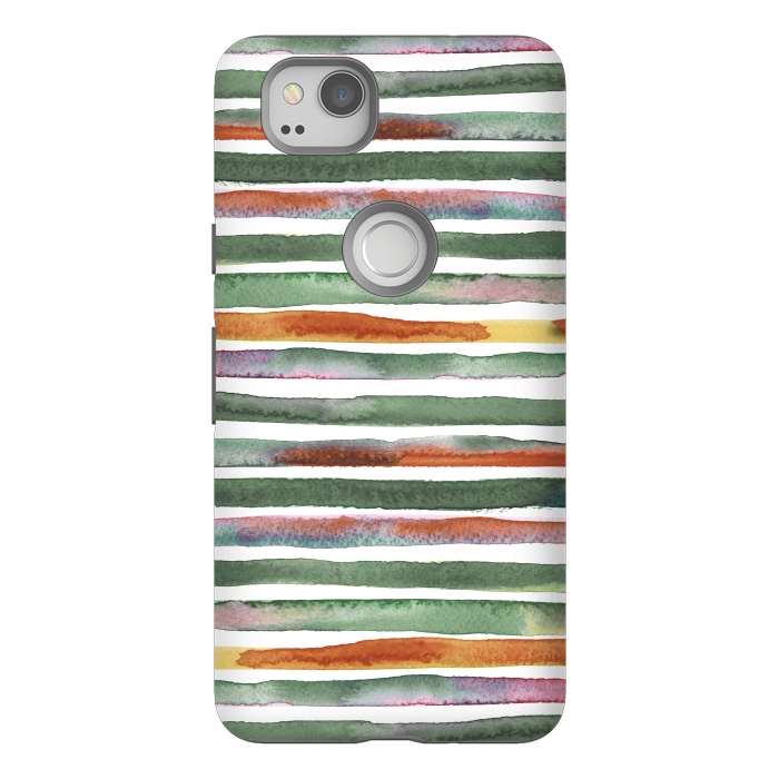 Pixel 2 StrongFit Watercolor Stripes and Lines Green Orange by Ninola Design