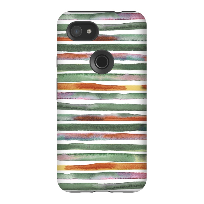 Pixel 3AXL StrongFit Watercolor Stripes and Lines Green Orange by Ninola Design