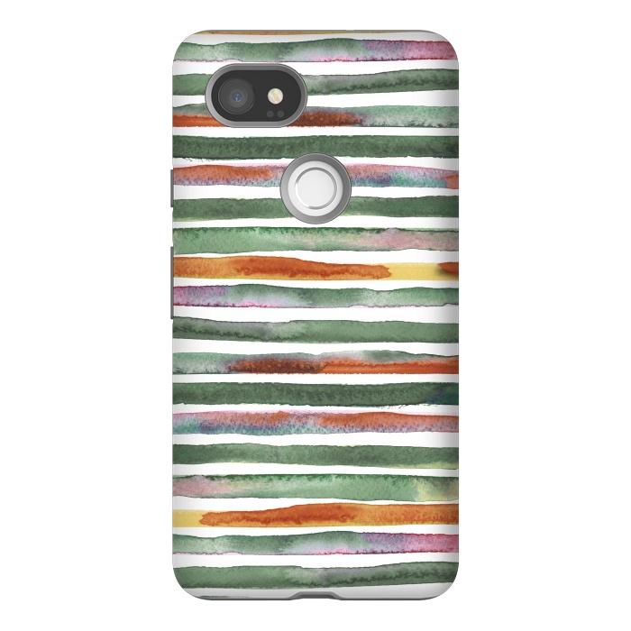 Pixel 2XL StrongFit Watercolor Stripes and Lines Green Orange by Ninola Design