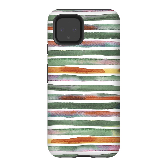 Pixel 4 StrongFit Watercolor Stripes and Lines Green Orange by Ninola Design