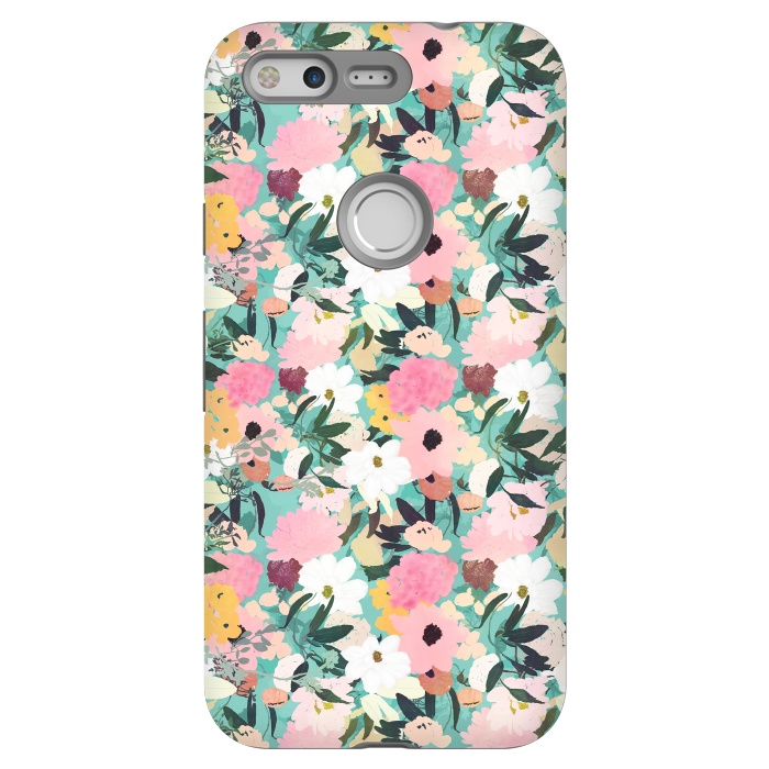 Pixel StrongFit Pretty Watercolor Pink & White Floral Green Design by InovArts