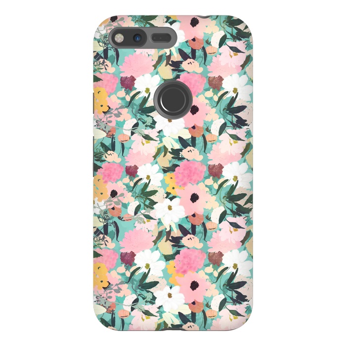 Pixel XL StrongFit Pretty Watercolor Pink & White Floral Green Design by InovArts