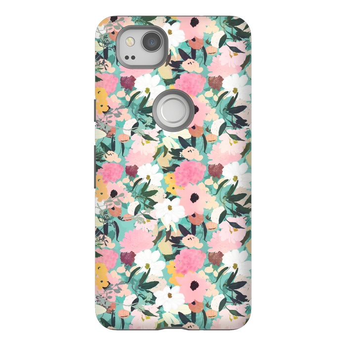Pixel 2 StrongFit Pretty Watercolor Pink & White Floral Green Design by InovArts