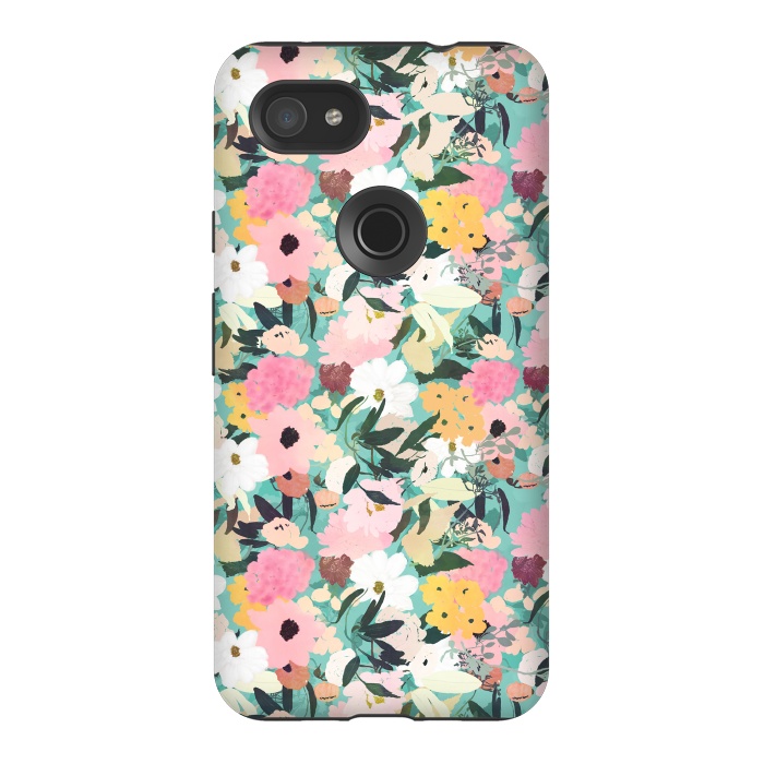 Pixel 3AXL StrongFit Pretty Watercolor Pink & White Floral Green Design by InovArts