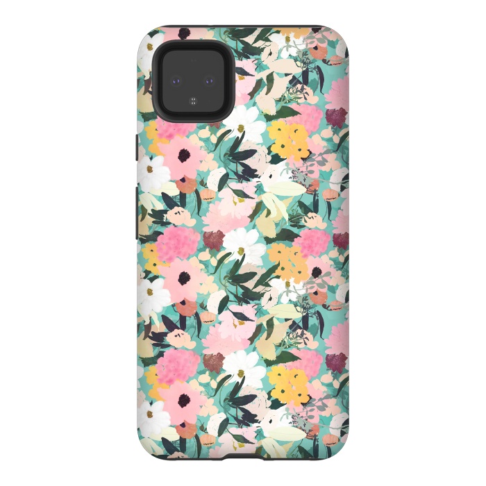 Pixel 4XL StrongFit Pretty Watercolor Pink & White Floral Green Design by InovArts