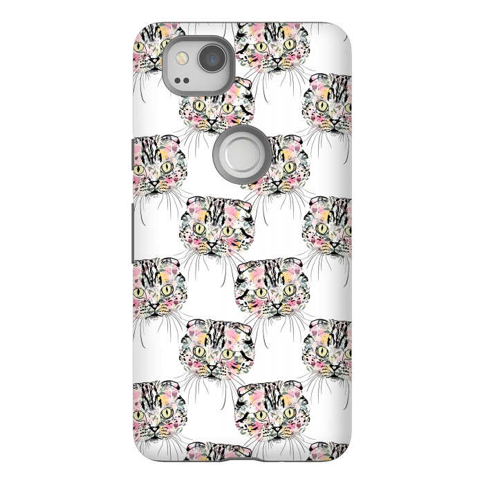 Pixel 2 StrongFit Cute Pink Cat & watercolor flowers Animal Pattern by InovArts