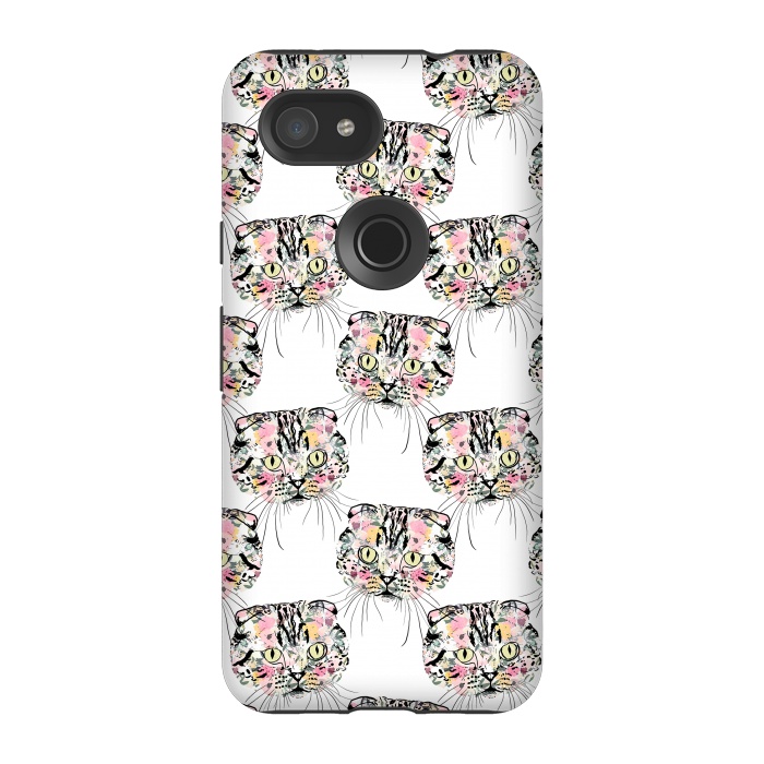 Pixel 3A StrongFit Cute Pink Cat & watercolor flowers Animal Pattern by InovArts
