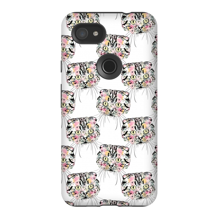 Pixel 3AXL StrongFit Cute Pink Cat & watercolor flowers Animal Pattern by InovArts