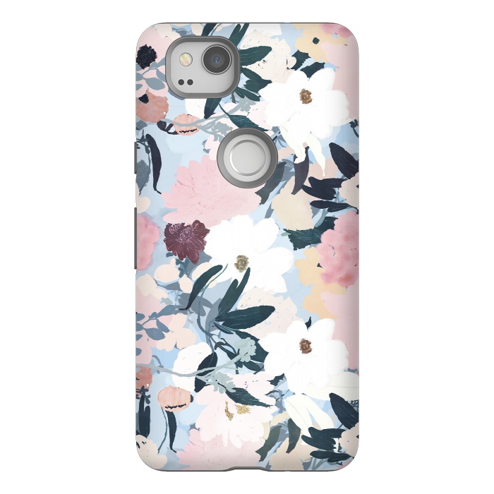 Pixel 2 StrongFit Pretty Grayish Blue Watercolor Pink & White Floral Design by InovArts