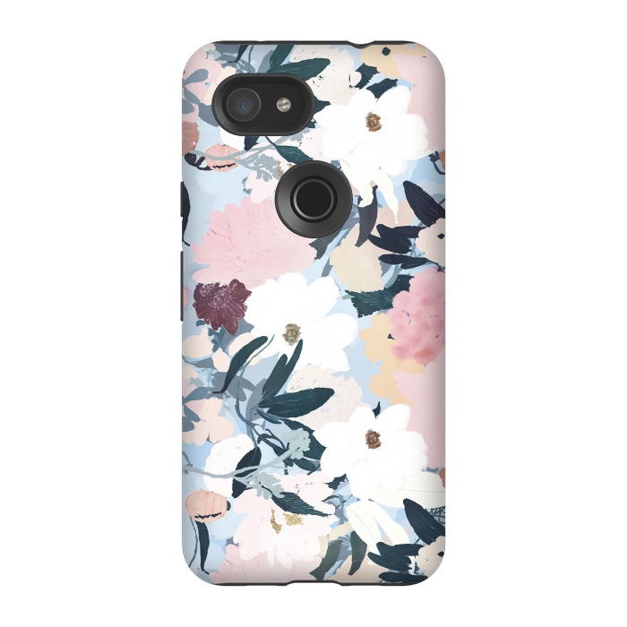 Pixel 3A StrongFit Pretty Grayish Blue Watercolor Pink & White Floral Design by InovArts