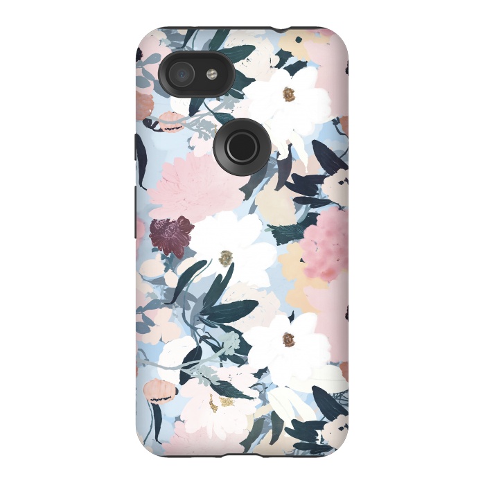 Pixel 3AXL StrongFit Pretty Grayish Blue Watercolor Pink & White Floral Design by InovArts