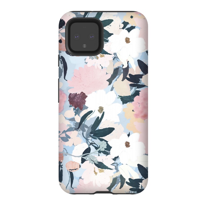 Pixel 4 StrongFit Pretty Grayish Blue Watercolor Pink & White Floral Design by InovArts