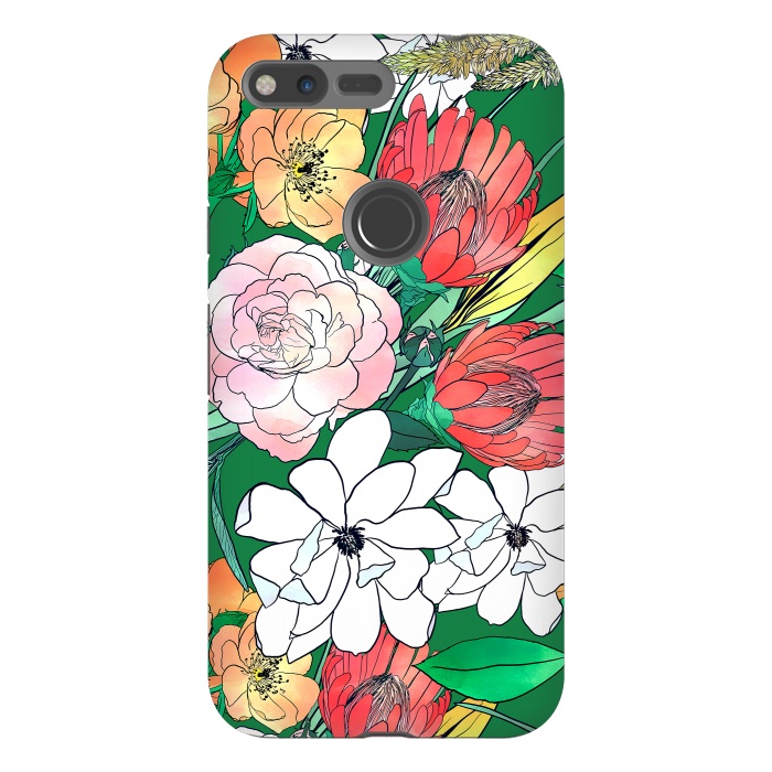 Pixel XL StrongFit Colorful Hand Drawn Flowers Green Girly Design by InovArts