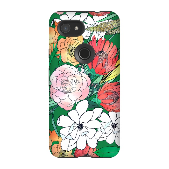 Pixel 3A StrongFit Colorful Hand Drawn Flowers Green Girly Design by InovArts