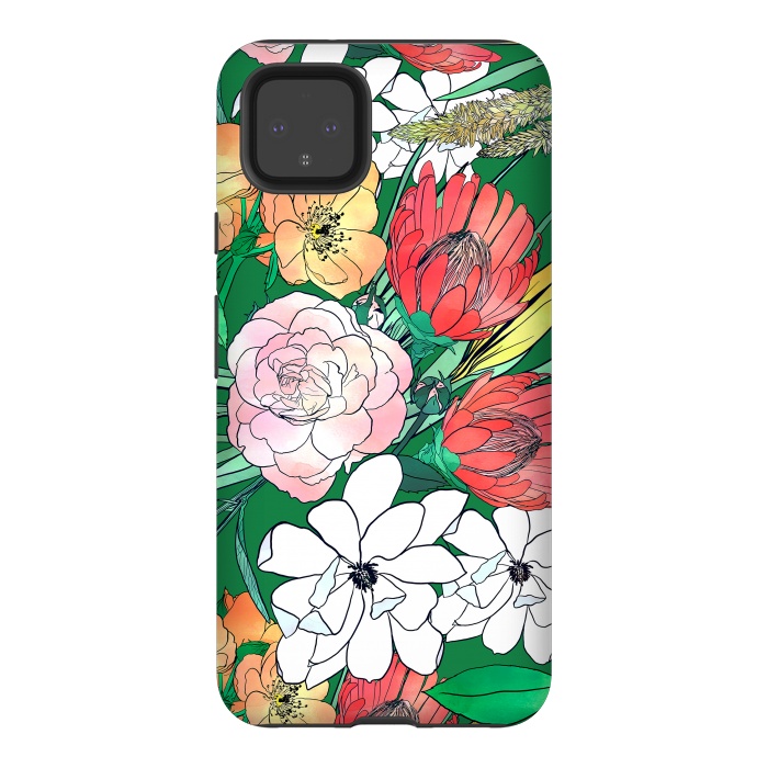 Pixel 4XL StrongFit Colorful Hand Drawn Flowers Green Girly Design by InovArts