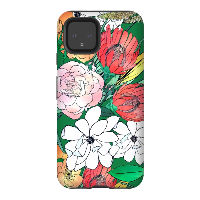 Pixel 4 StrongFit Colorful Hand Drawn Flowers Green Girly Design by InovArts