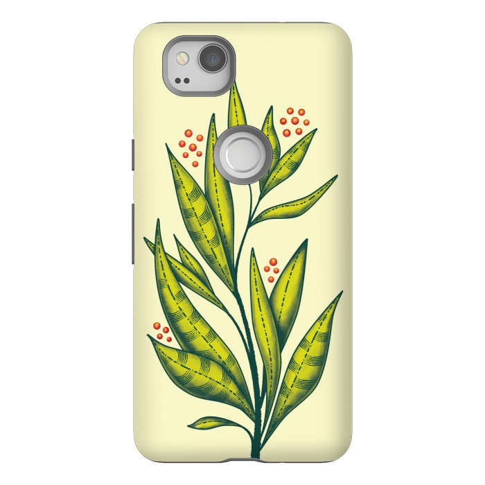 Pixel 2 StrongFit Abstract green plant with decorative leaves and berries by Boriana Giormova