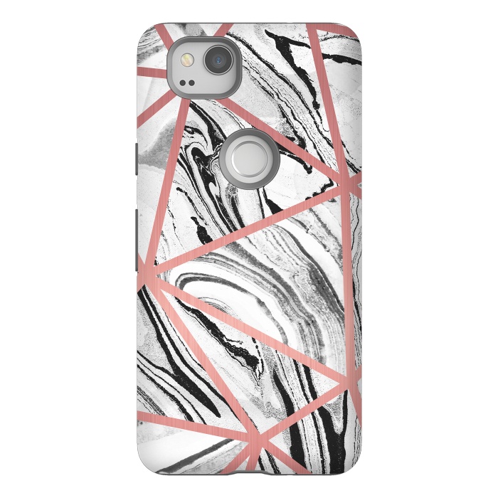 Pixel 2 StrongFit White marble with black stripes and rose gold triangles by Oana 