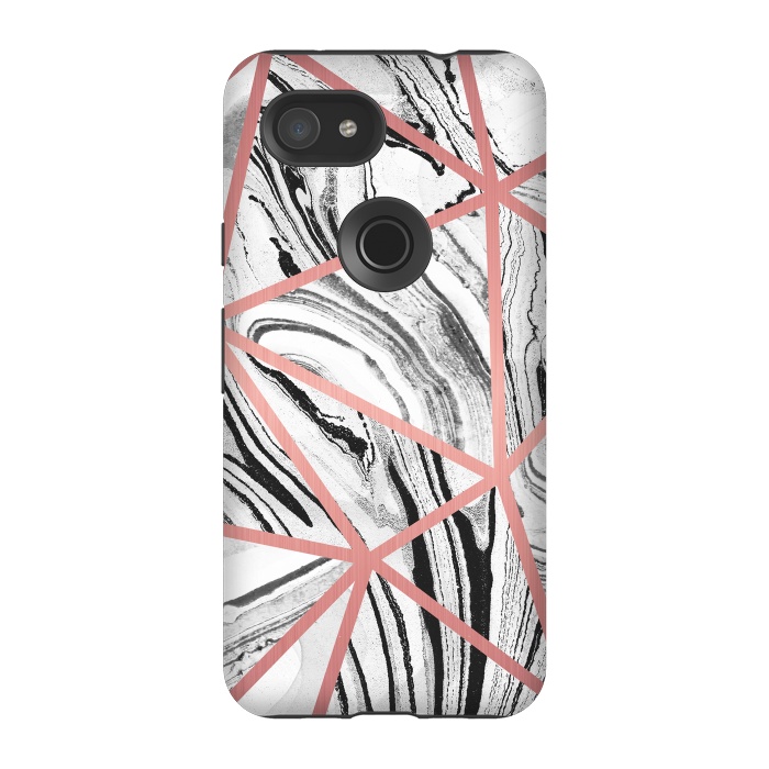 Pixel 3A StrongFit White marble with black stripes and rose gold triangles by Oana 