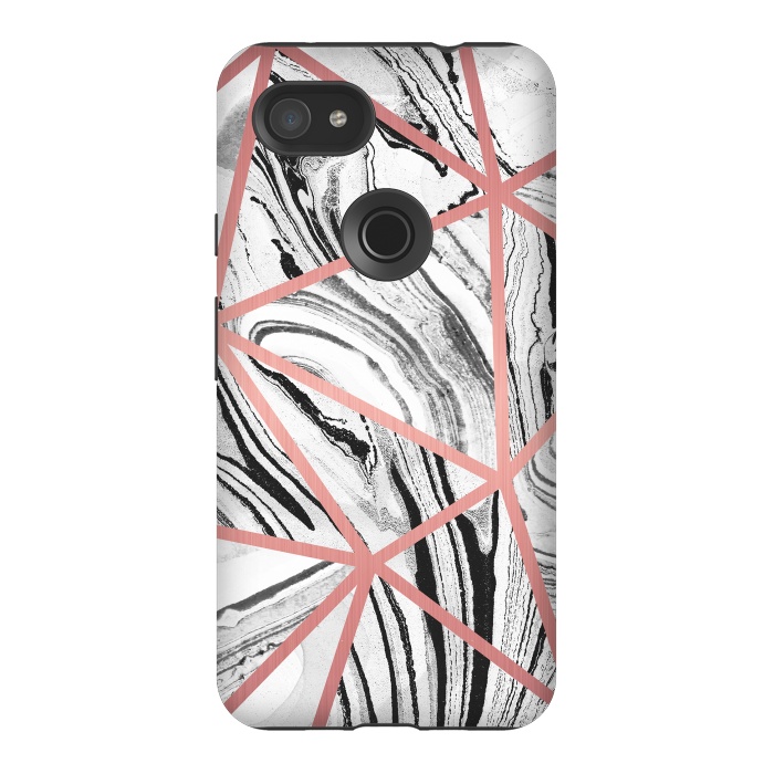 Pixel 3AXL StrongFit White marble with black stripes and rose gold triangles by Oana 