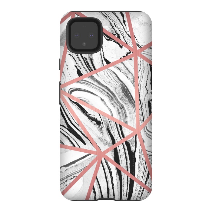 Pixel 4XL StrongFit White marble with black stripes and rose gold triangles by Oana 