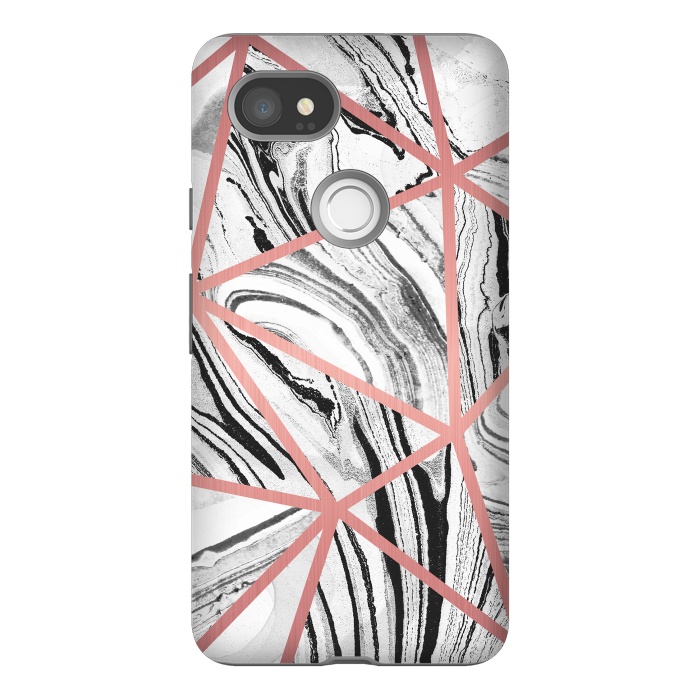 Pixel 2XL StrongFit White marble with black stripes and rose gold triangles by Oana 