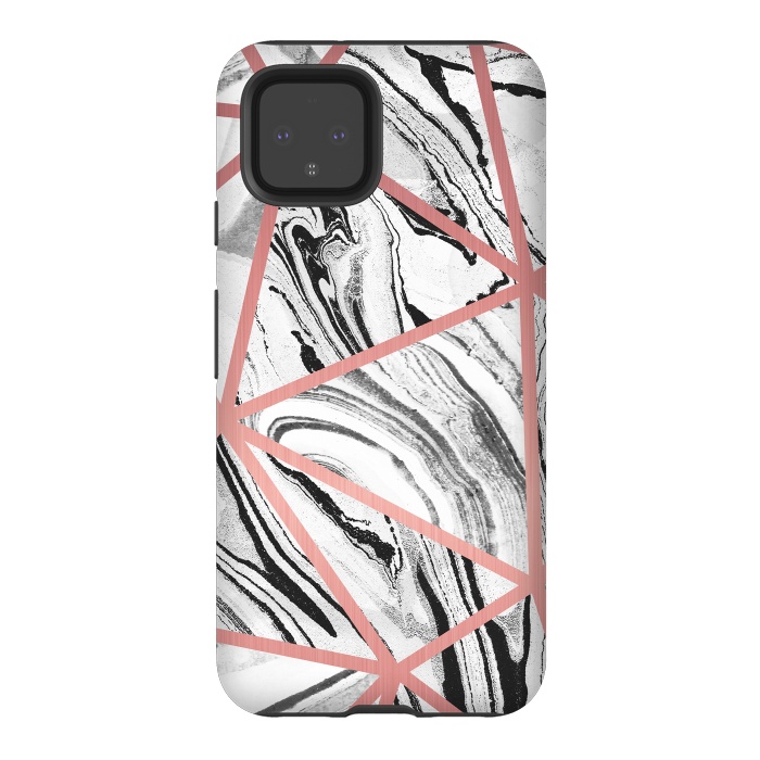 Pixel 4 StrongFit White marble with black stripes and rose gold triangles by Oana 