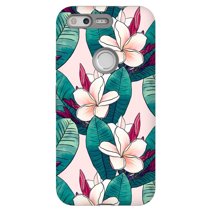 Pixel StrongFit Trendy Tropical Plumeria Flowers Green Foliage Design by InovArts