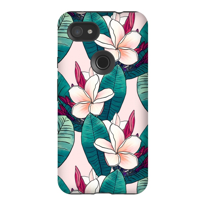 Pixel 3AXL StrongFit Trendy Tropical Plumeria Flowers Green Foliage Design by InovArts