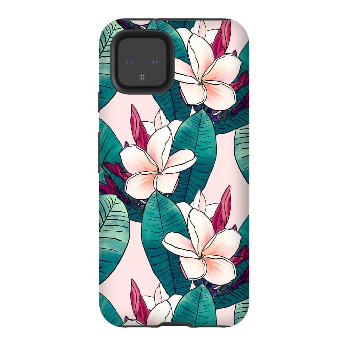 Pixel 4 StrongFit Trendy Tropical Plumeria Flowers Green Foliage Design by InovArts