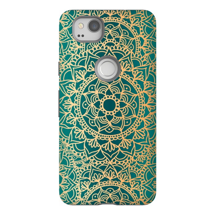 Pixel 2 StrongFit Teal Green and Yellow Mandala Pattern by Julie Erin Designs