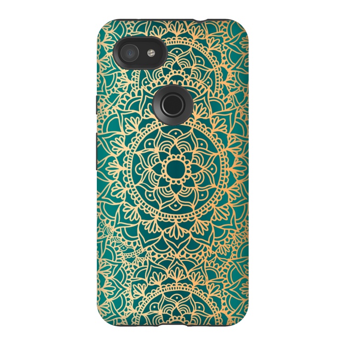 Pixel 3AXL StrongFit Teal Green and Yellow Mandala Pattern by Julie Erin Designs