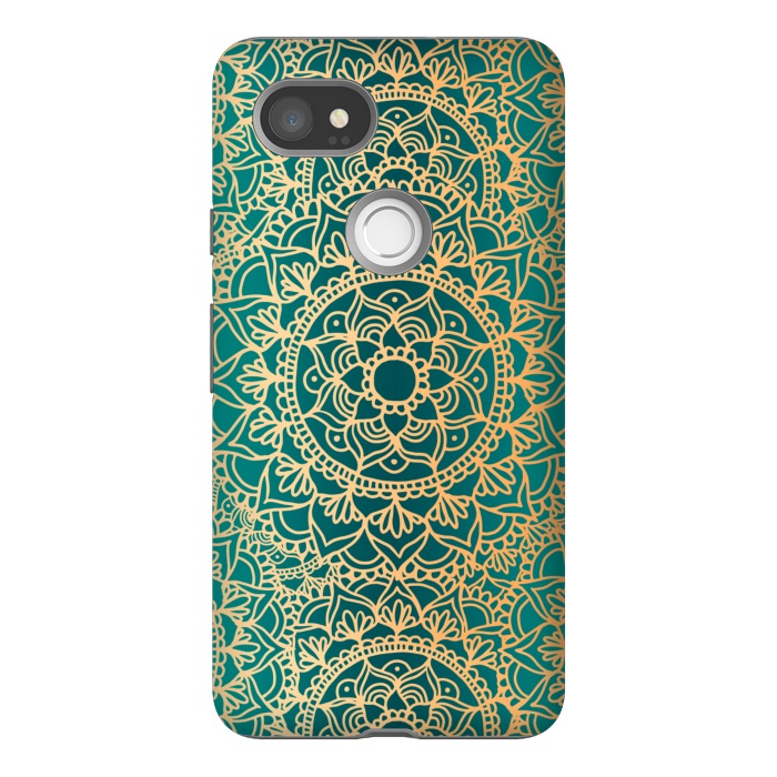 Pixel 2XL StrongFit Teal Green and Yellow Mandala Pattern by Julie Erin Designs