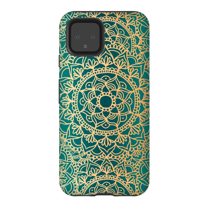 Pixel 4 StrongFit Teal Green and Yellow Mandala Pattern by Julie Erin Designs