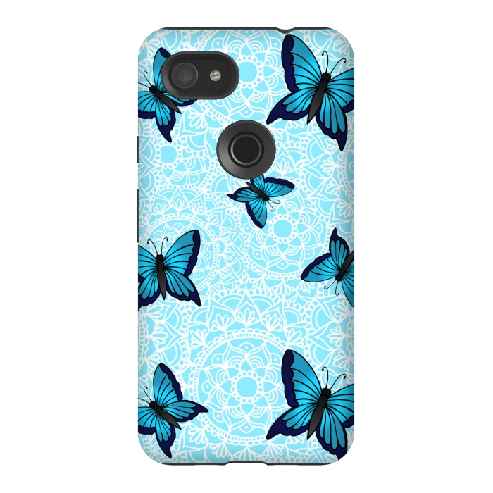 Pixel 3AXL StrongFit Blue Butterfly Mandala Pattern by Julie Erin Designs