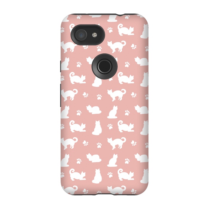 Pixel 3A StrongFit Pink and White Cat Pattern by Julie Erin Designs