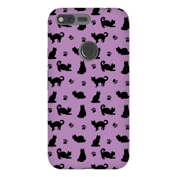 Pixel XL StrongFit Black and Purple Cats and Paw Prints Pattern by Julie Erin Designs