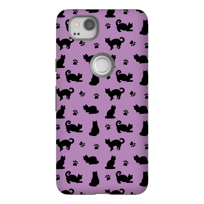 Pixel 2 StrongFit Black and Purple Cats and Paw Prints Pattern by Julie Erin Designs