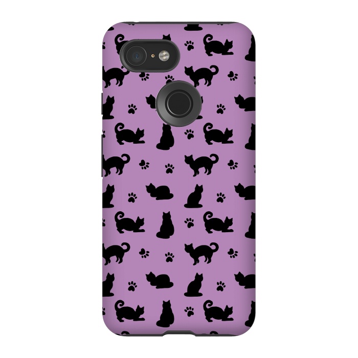 Pixel 3 StrongFit Black and Purple Cats and Paw Prints Pattern by Julie Erin Designs