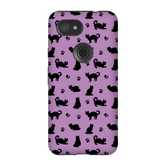 Pixel 3A StrongFit Black and Purple Cats and Paw Prints Pattern by Julie Erin Designs