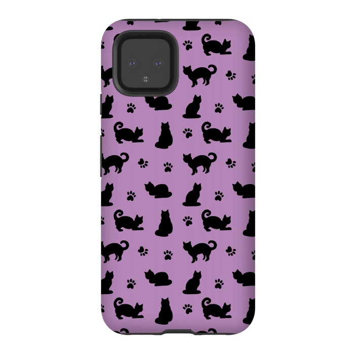 Pixel 4 StrongFit Black and Purple Cats and Paw Prints Pattern by Julie Erin Designs