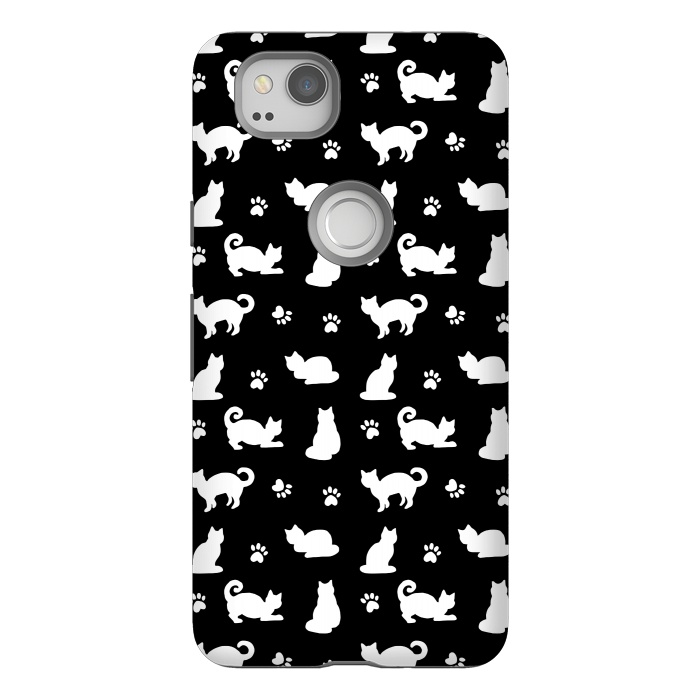 Pixel 2 StrongFit Black and White Cats and Paw Prints Pattern by Julie Erin Designs