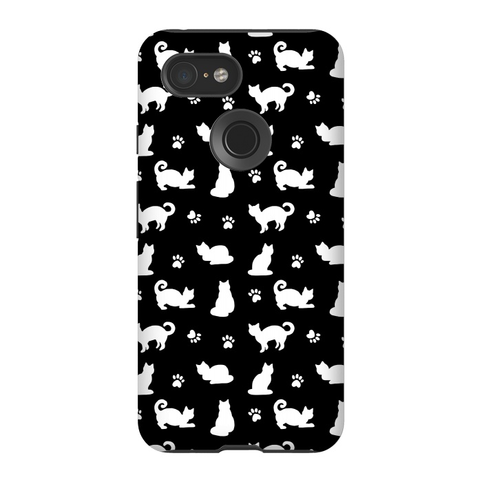 Pixel 3 StrongFit Black and White Cats and Paw Prints Pattern by Julie Erin Designs