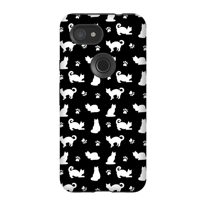 Pixel 3A StrongFit Black and White Cats and Paw Prints Pattern by Julie Erin Designs