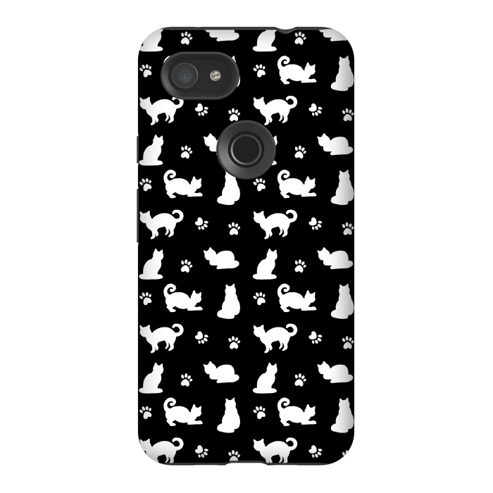 Pixel 3AXL StrongFit Black and White Cats and Paw Prints Pattern by Julie Erin Designs